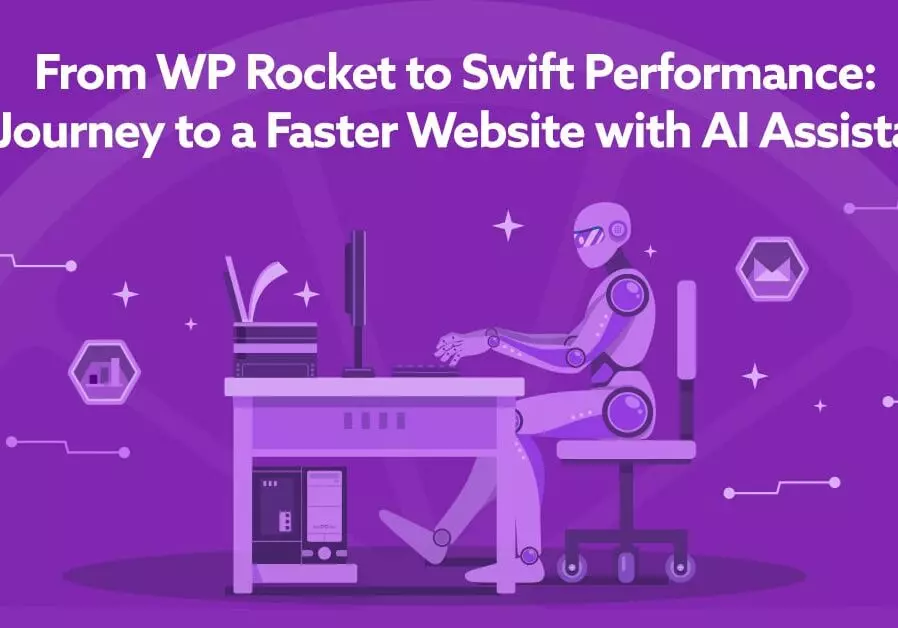 Robot working on a computer in a futuristic setting, symbolizing the move from WP Rocket to Swift Performance for enhanced website speed with AI support.