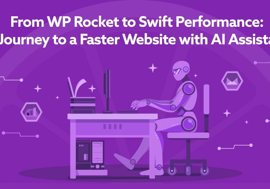 Robot working on a computer in a futuristic setting, symbolizing the move from WP Rocket to Swift Performance for enhanced website speed with AI support.