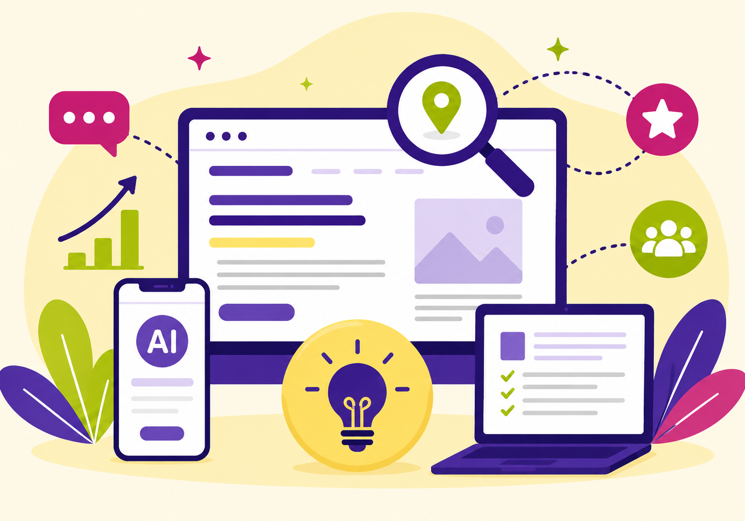 Illustration of a business website connected to AI search, SEO, local visibility, analytics, and digital marketing signals that help businesses appear in ChatGPT and Google AI search.