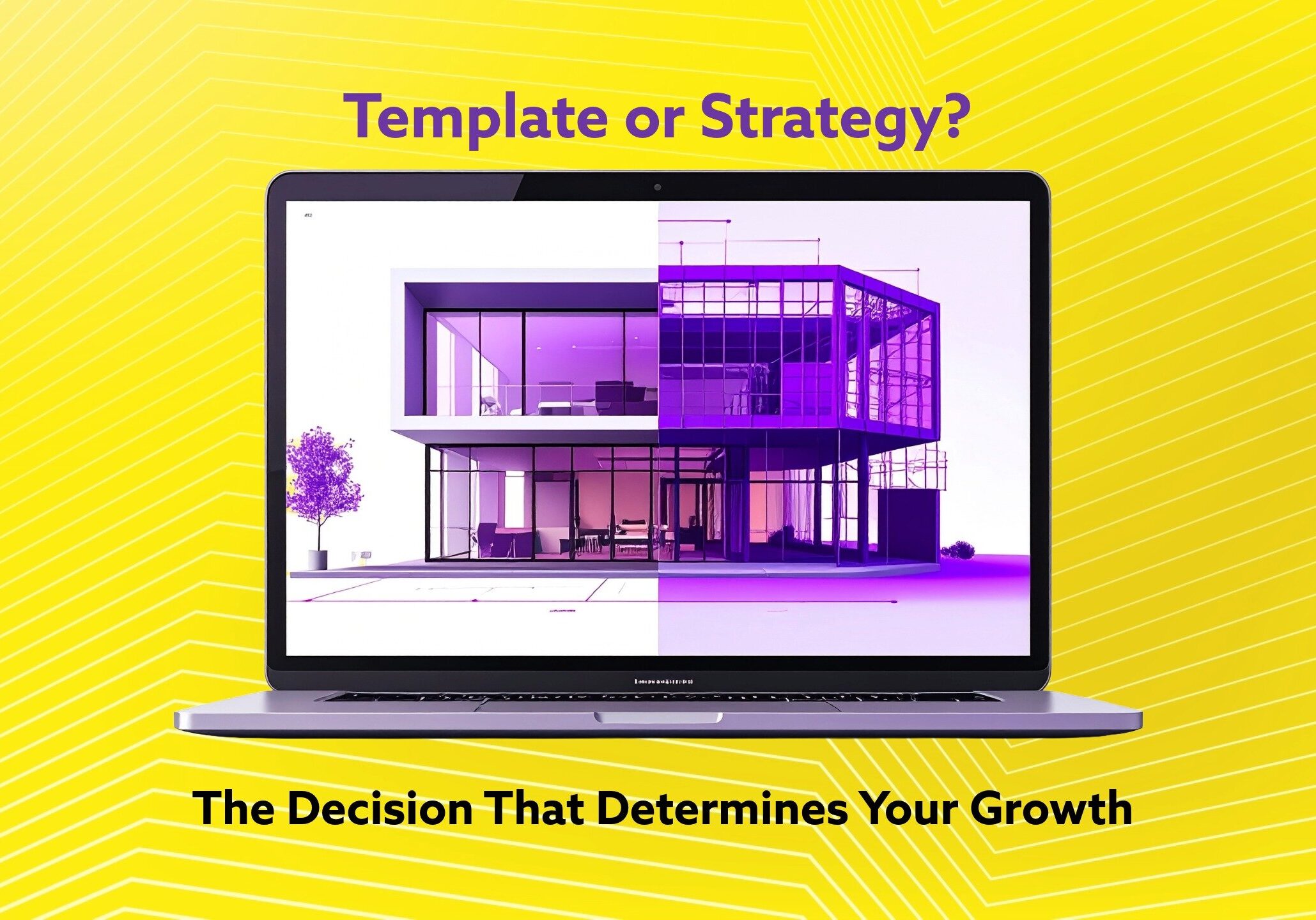 Split-screen image of a laptop showing a polished building on one side and architectural framework on the other, representing template vs strategy in web design and SEO.