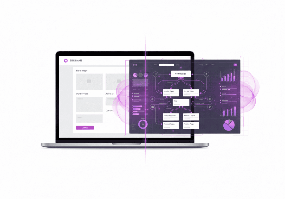 Laptop displaying a website template contrasted with a structured SEO architecture system and internal linking blueprint.