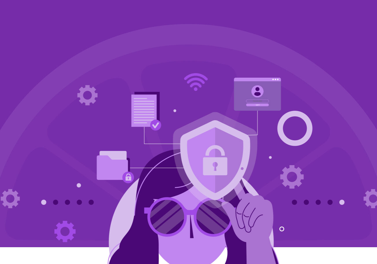 Website security concept with shield and lock icons on a purple background.