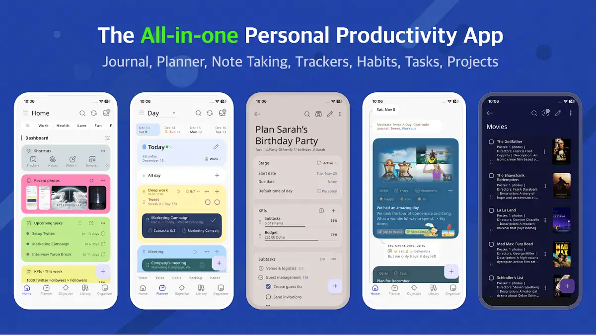 Journal it app all in one productivity system showing journal, planner, tasks, and project management features