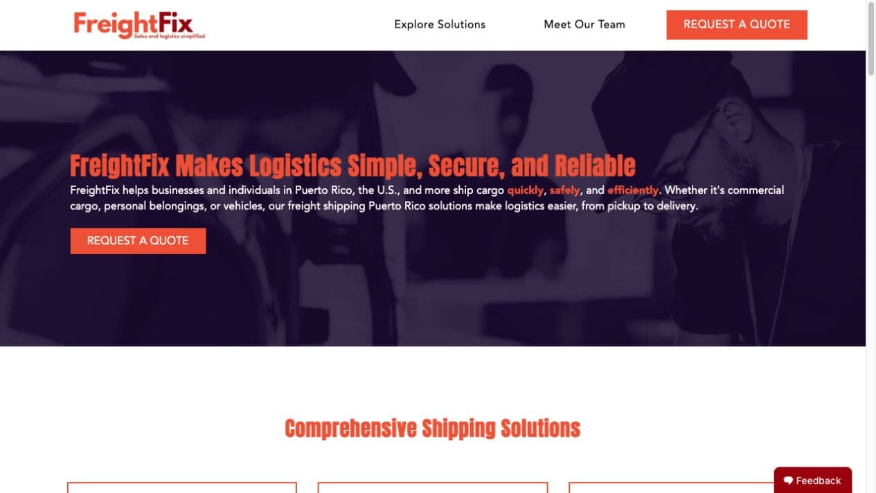 Sitio web de envíos y carga para FreightFix Puerto Rico