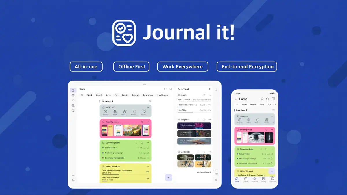 Journal it app dashboard overview showing all in one productivity system for planning and task management