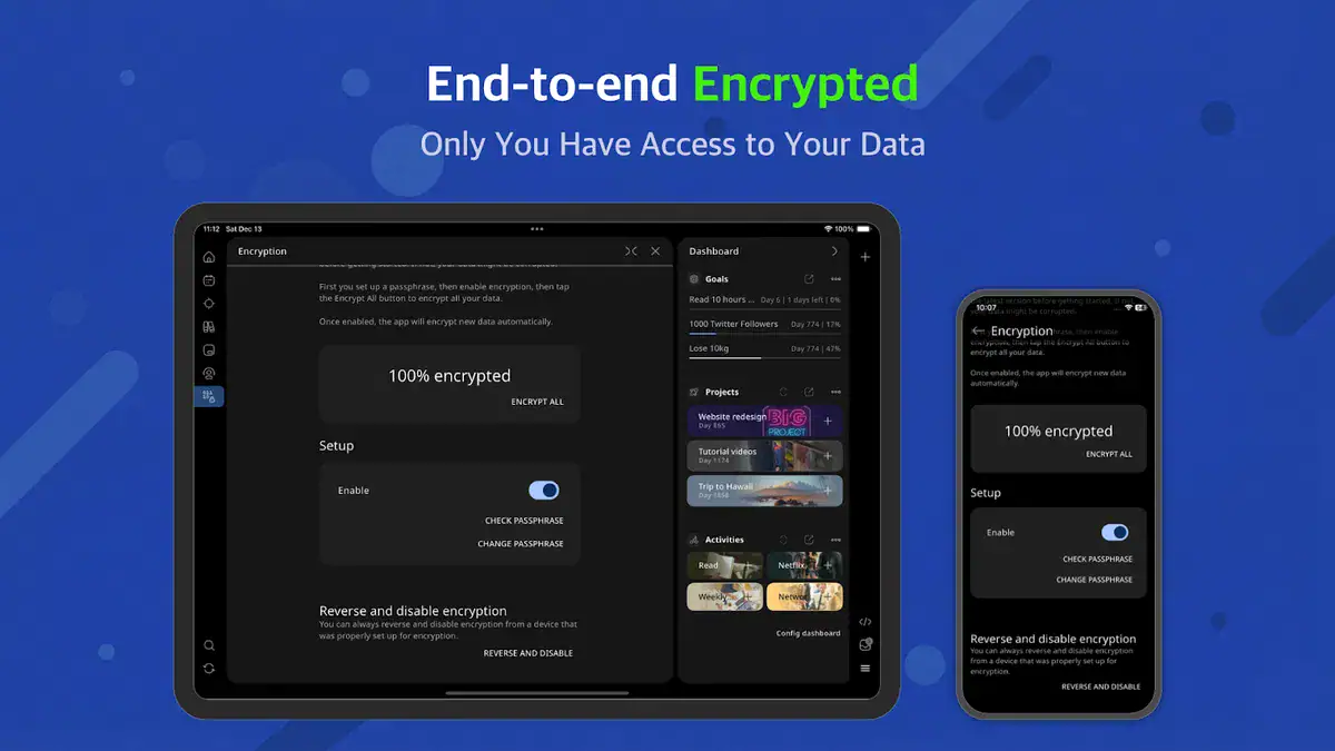 Journal it app encryption dashboard showing secure data protection across tablet and mobile devices