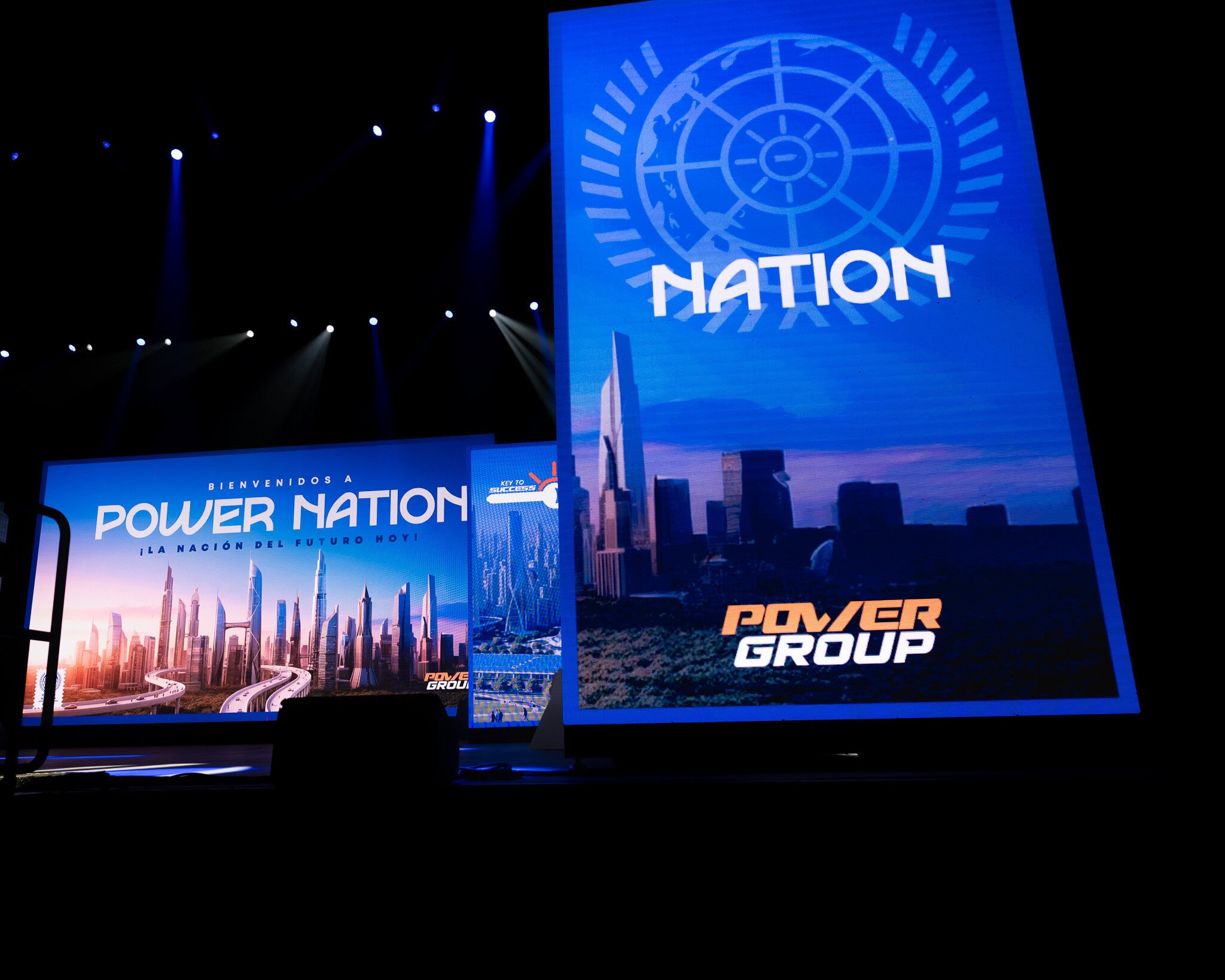 Low angle view of Power Nation stage with LED screens and lighting
