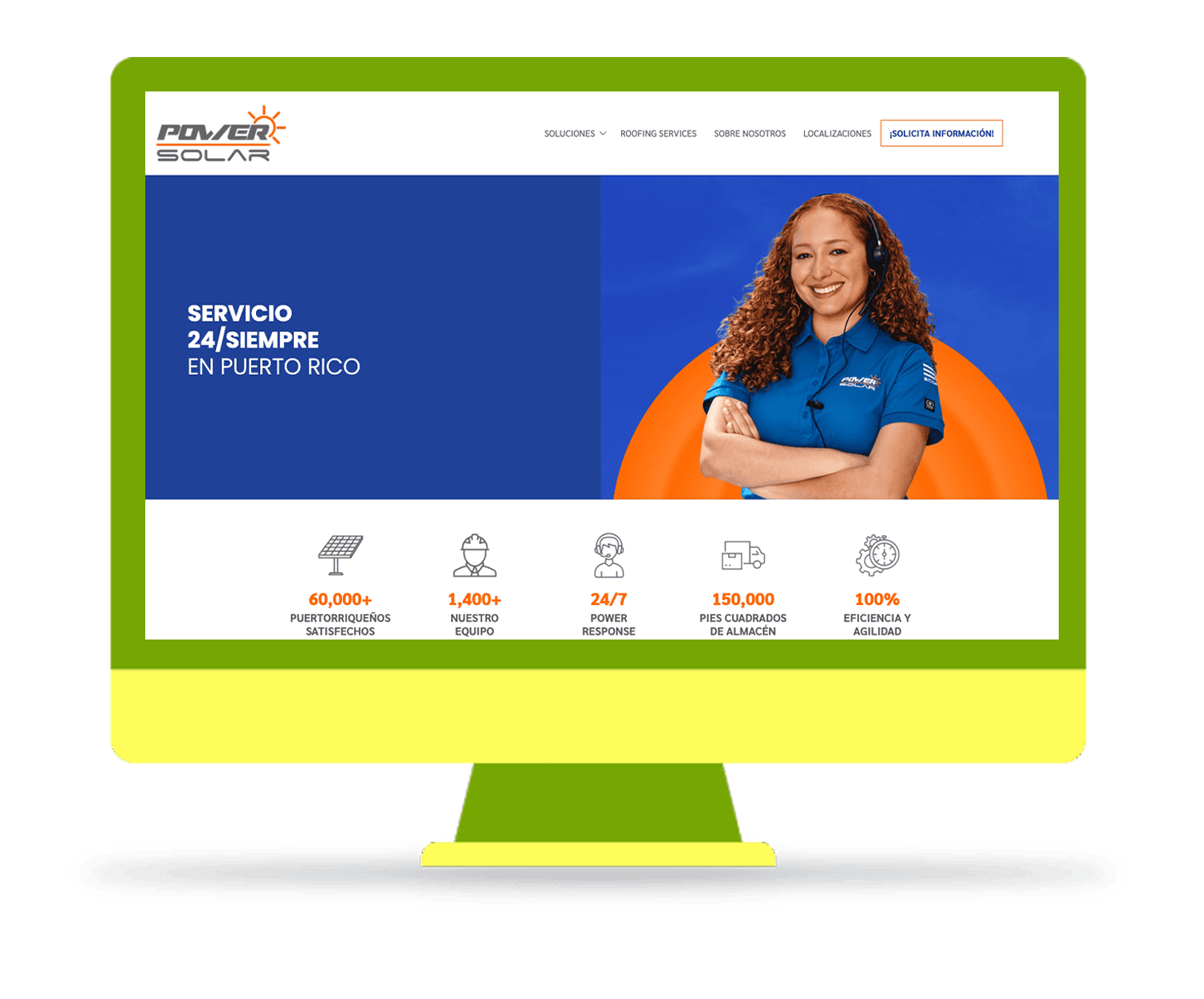 Power Solar Puerto Rico homepage design with 24/7 service messaging